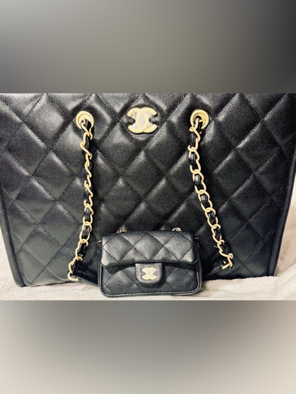 CHANEL Black Caviar Leather Tote with Gold HDW & Chain Strap Mini bag Charm